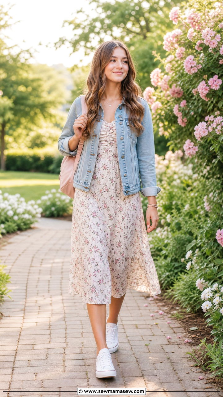 Denim Jacket and Floral Midi Dress Outfit - 25 First day of 9th grade outfit ideas