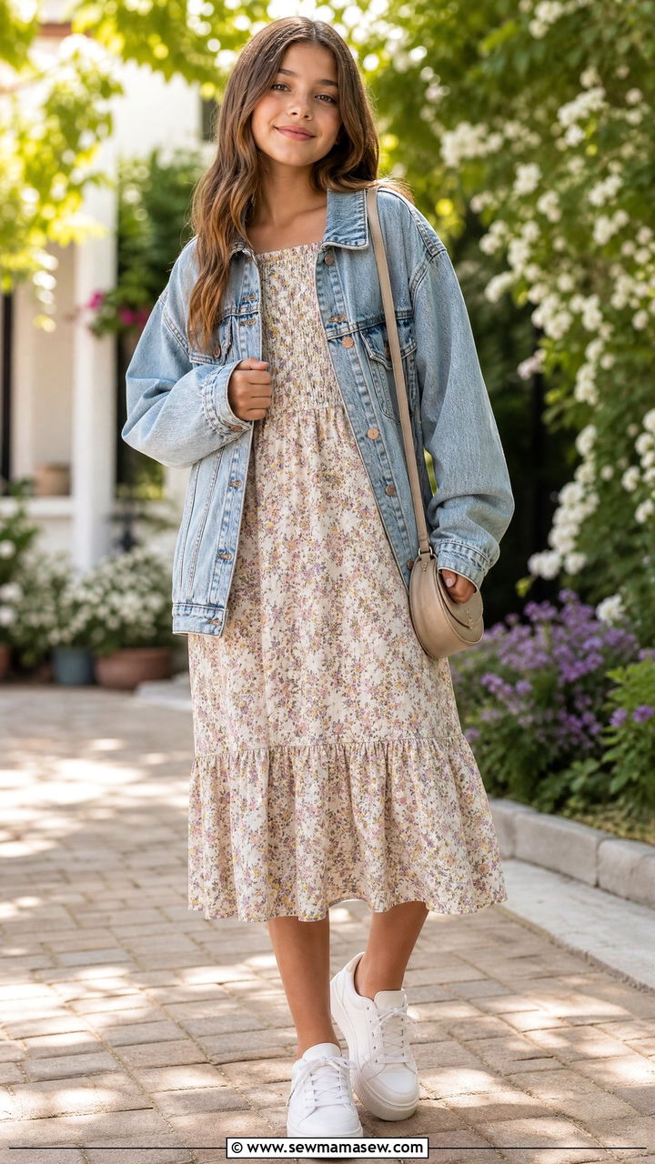 Denim Jacket and Floral Midi Dress Outfit for Girls - 20 Tween outfit ideas for girls 2026
