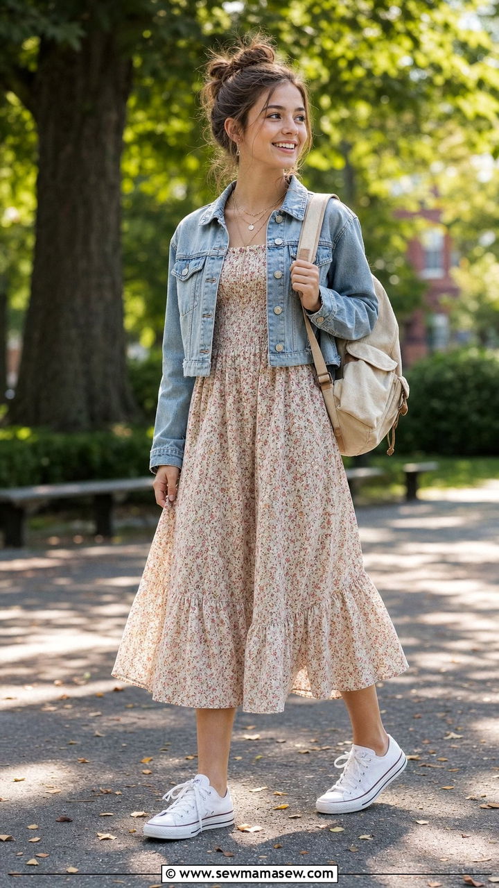 Denim Jacket and Floral Midi Dress Outfit - 35 Back to school outfit ideas 11th grade