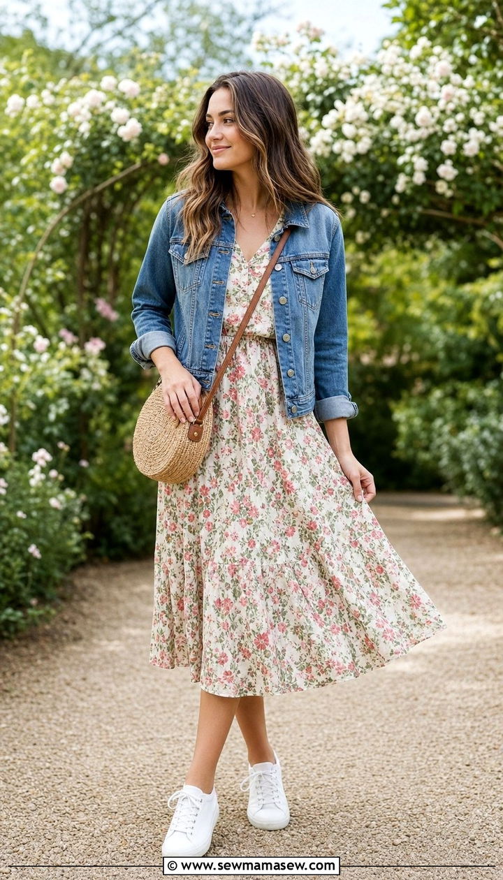 Denim Jacket and Floral Midi Dress Spring Look - 25 Effortless spring outfit ideas 2026