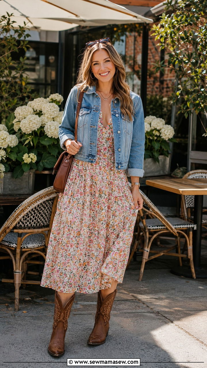 Denim Jacket and Floral Midi Dress With Tecovas Boots - 20 Western outfit ideas with Tecovas boots