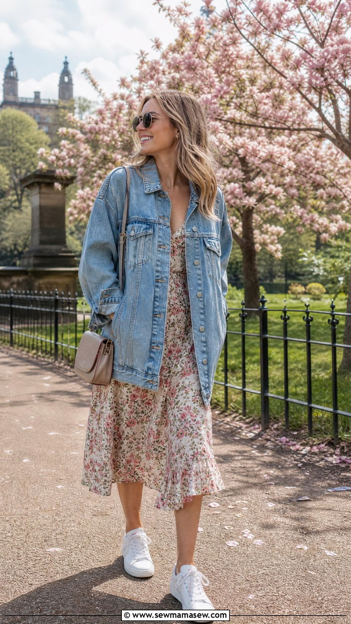 Denim Jacket and Floral Midi Dress With White Trainers - 25 Glasgow outfit ideas