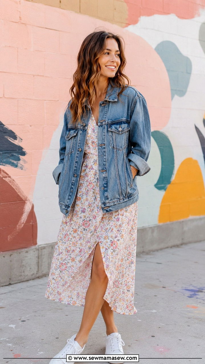 Denim Jacket and Floral Midi Dress for Photoshoot - 25 Photoshoot outfits for midsize women
