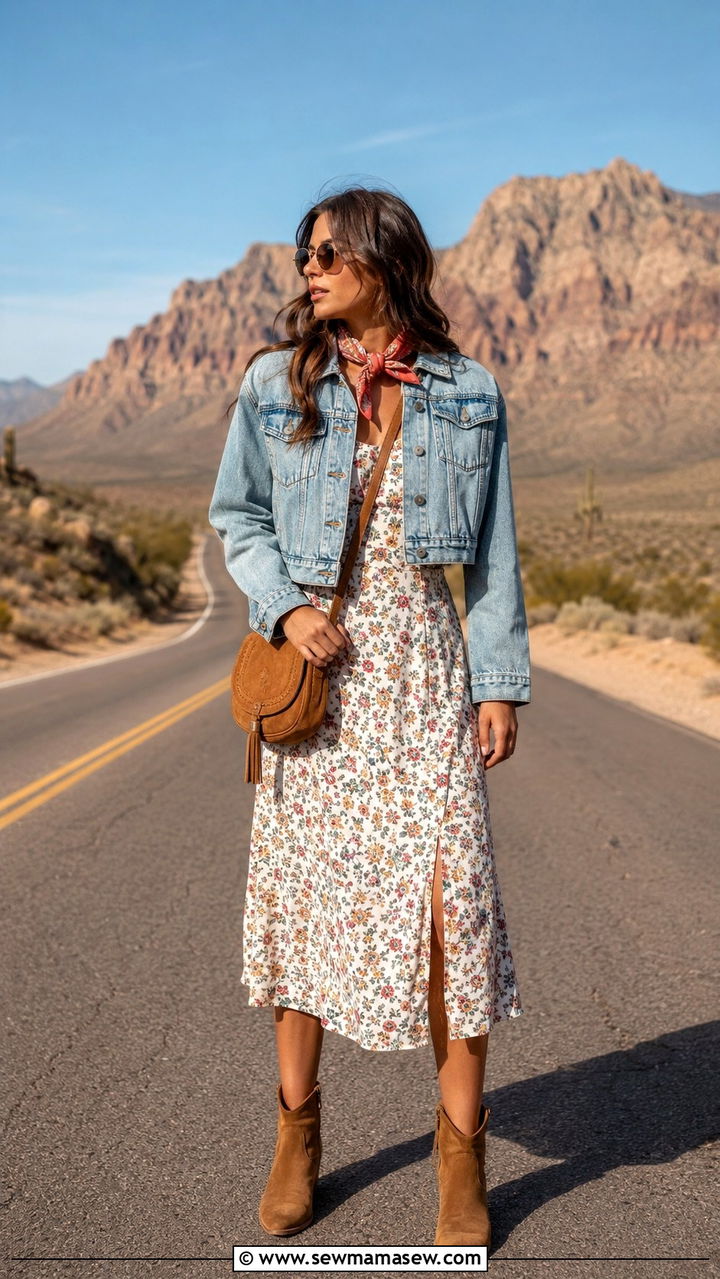 Denim Jacket and Floral Midi Dress with Cowboy Boots - 30 cute travel outfits