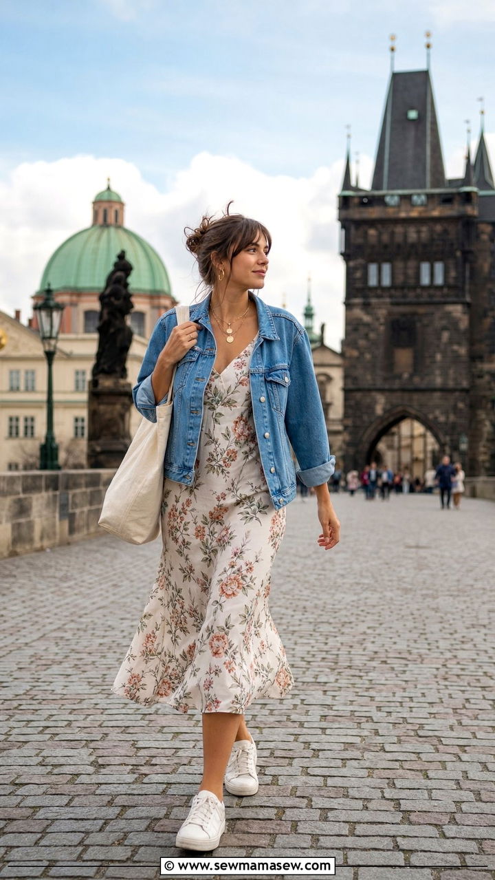 Denim Jacket and Floral Slip Dress - 25 European vacation outfit ideas 2026
