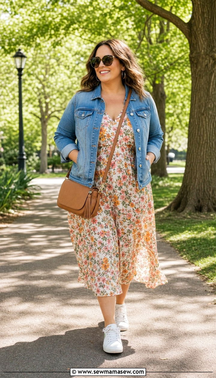 Denim Jacket and Flowy Dress for Apple Shape - 25 Cute outfits for apple shape