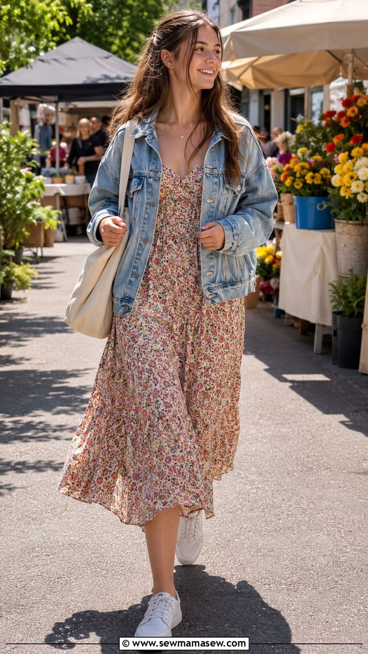 Denim Jacket and Flowy Floral Dress - 30 Trendy outfits for 17 year olds