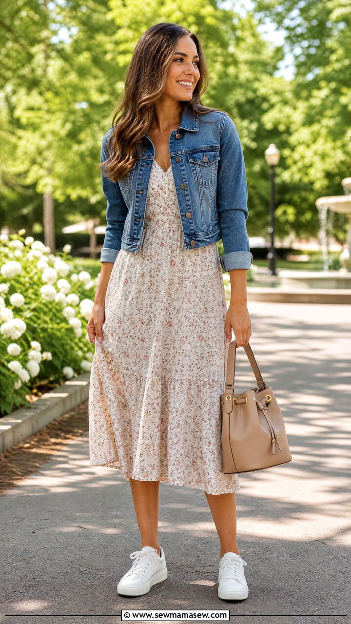 Denim Jacket and Flowy Midi Dress Layered Outfit - 25 Hollywood Studios outfit ideas