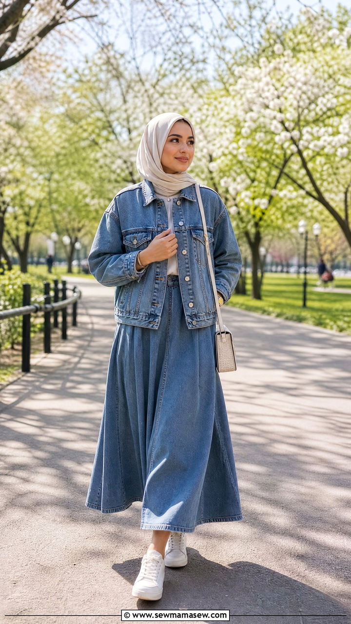 Denim Jacket and Flowy Midi Skirt - 25 Matching set outfit ideas modest