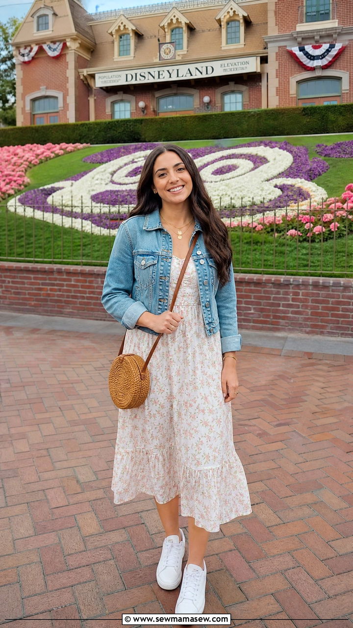 Denim Jacket and Flowy Sundress Outfit - 40 Disneyland outfit ideas