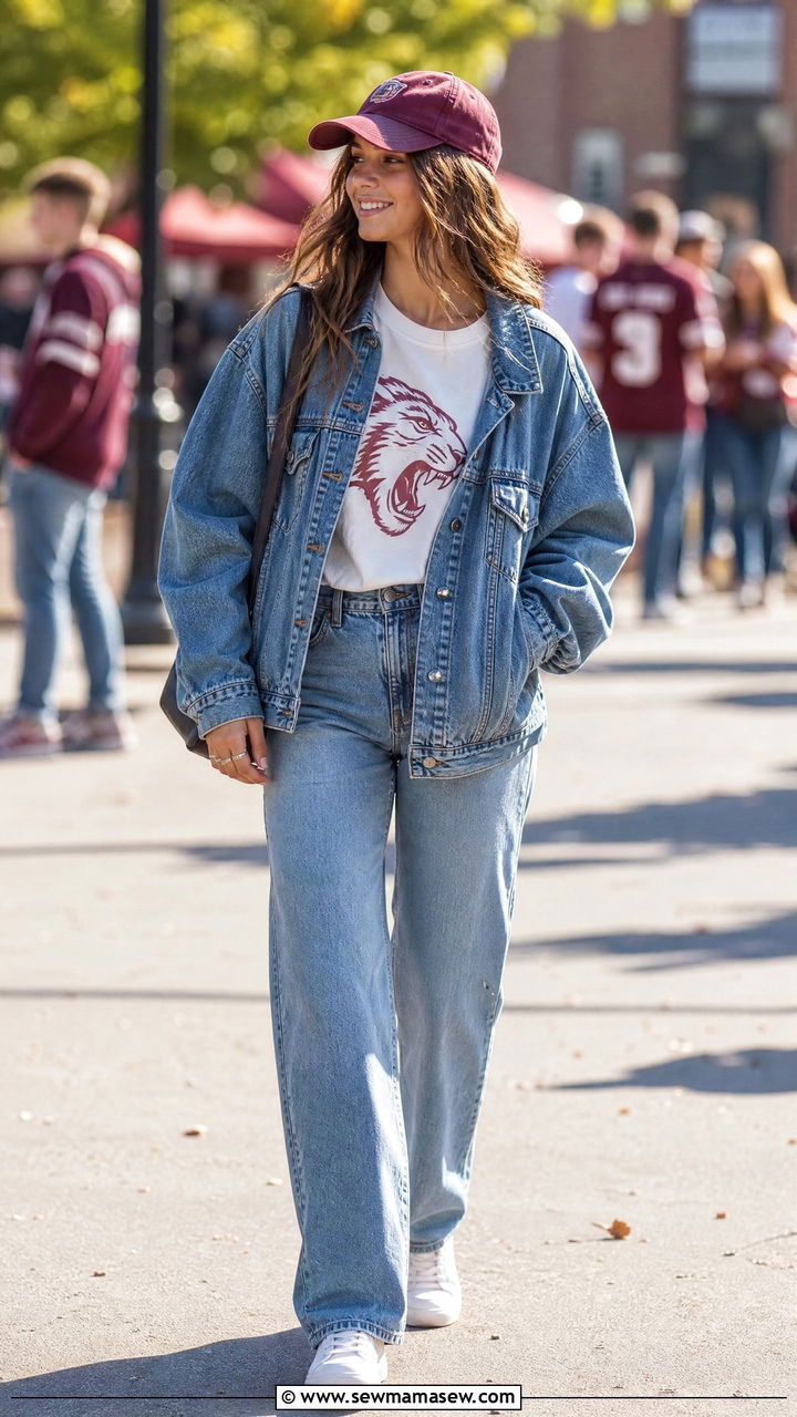 Denim Jacket and Graphic Tee Football Game Outfit - 25 Gameday outfit ideas high school