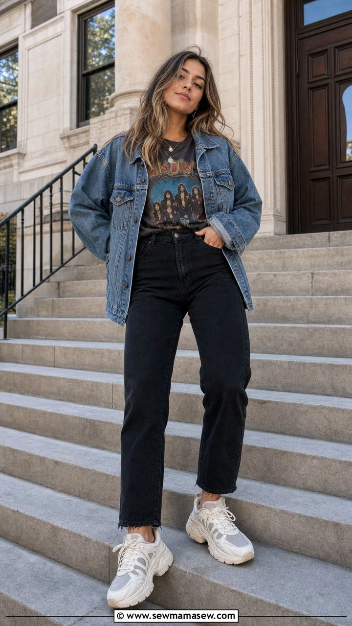 Denim Jacket and Graphic Tee Outfit - 35 Back to school outfit ideas college freshman