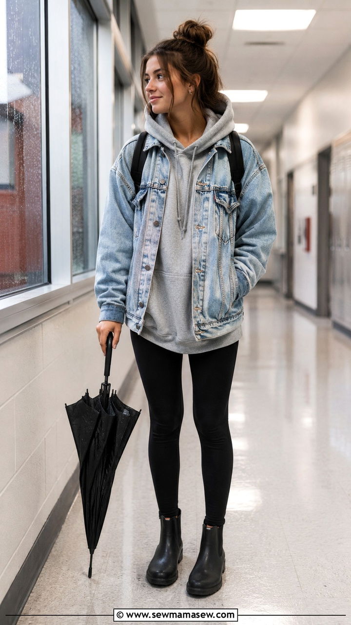 Denim Jacket and Hoodie Outfit For Rainy School Days - 30 Rainy day school outfit ideas