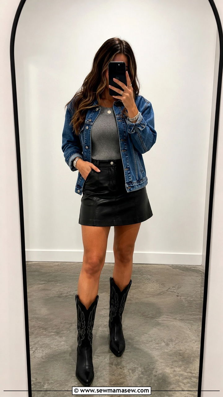 Denim Jacket and Leather Skirt with Boots - 25 seasonal country concert outfit ideas