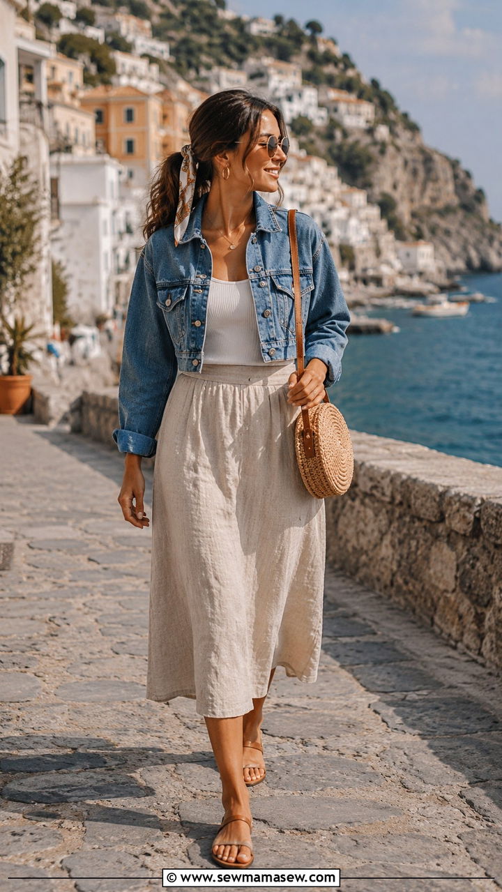Denim Jacket and Linen Midi Skirt for Sightseeing - 30 travel outfits 2026