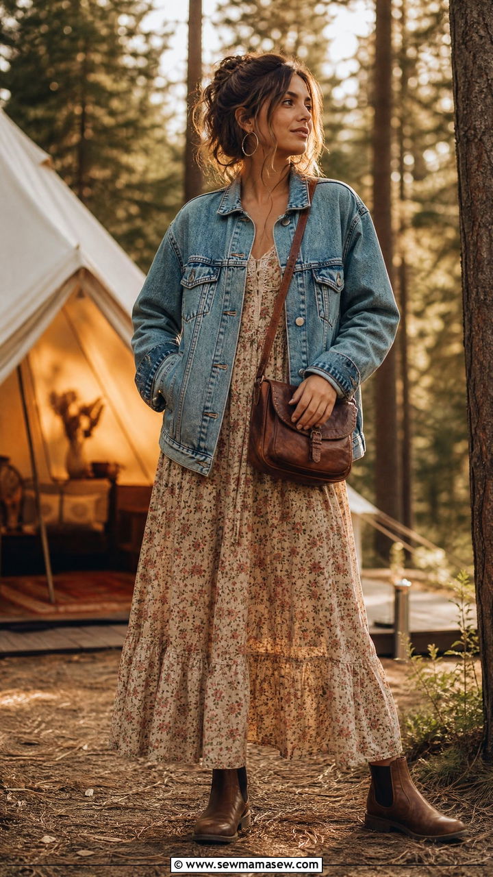 Denim Jacket and Maxi Dress Glamping Outfit - 25 Glamping outfit ideas