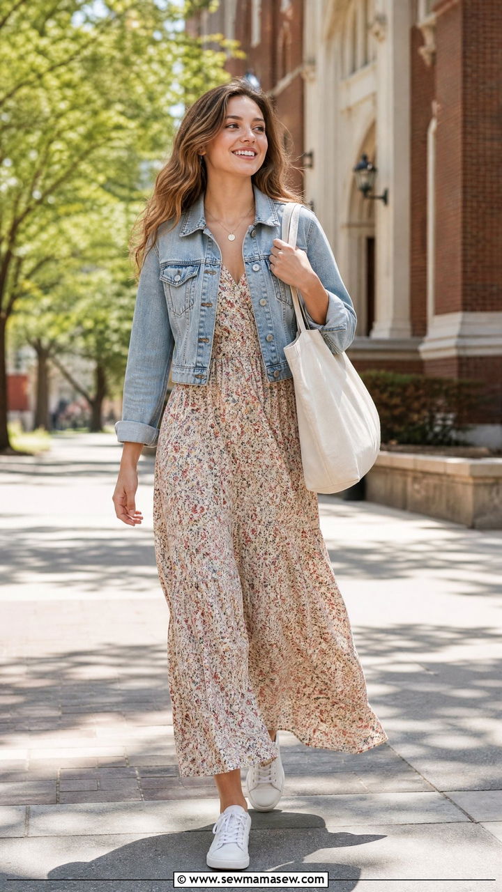 Denim Jacket and Maxi Dress Outfit - 25 Fashion for college freshman
