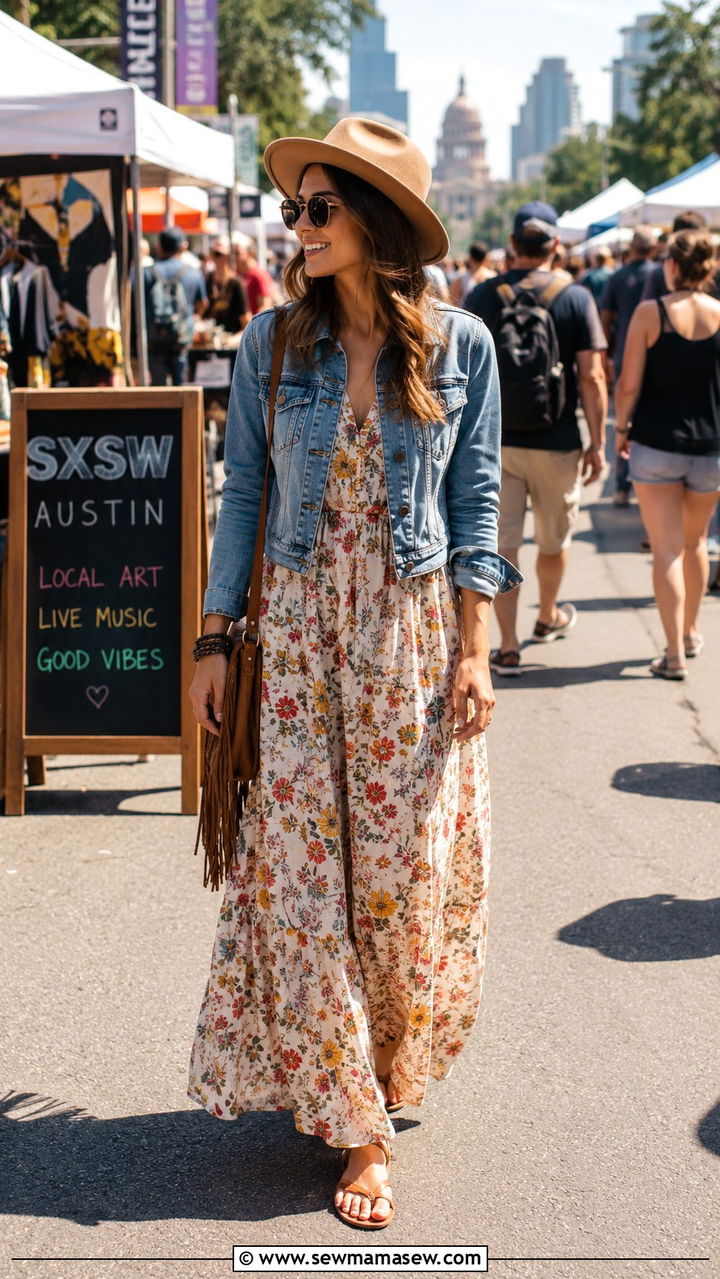 Denim Jacket and Maxi Dress Outfit SXSW - 20 SXSW outfit ideas 2026