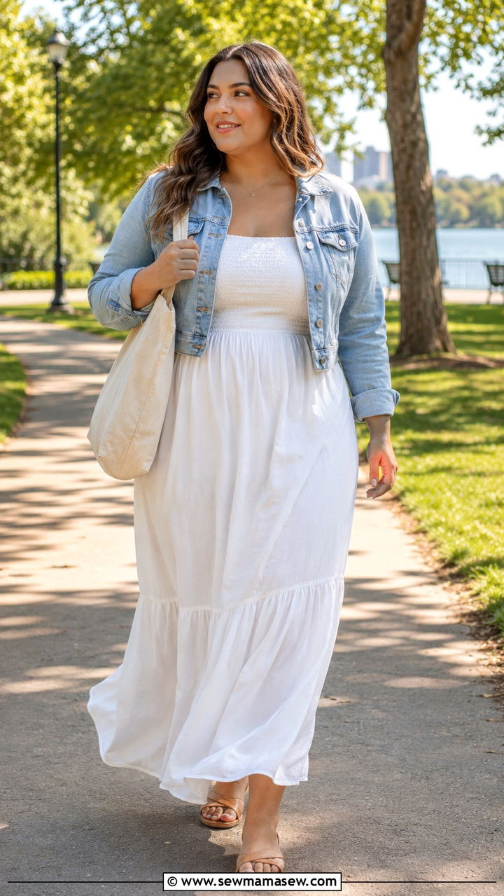 Denim Jacket and Maxi Dress for Size 14 Hourglass - 25 Outfit ideas for size 14 hourglass