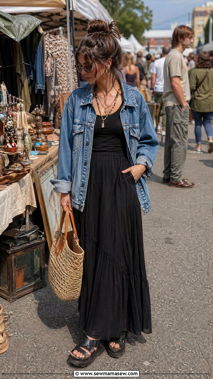 Denim Jacket and Maxi Skirt Outfit - 35 Downtown girl outfit ideas