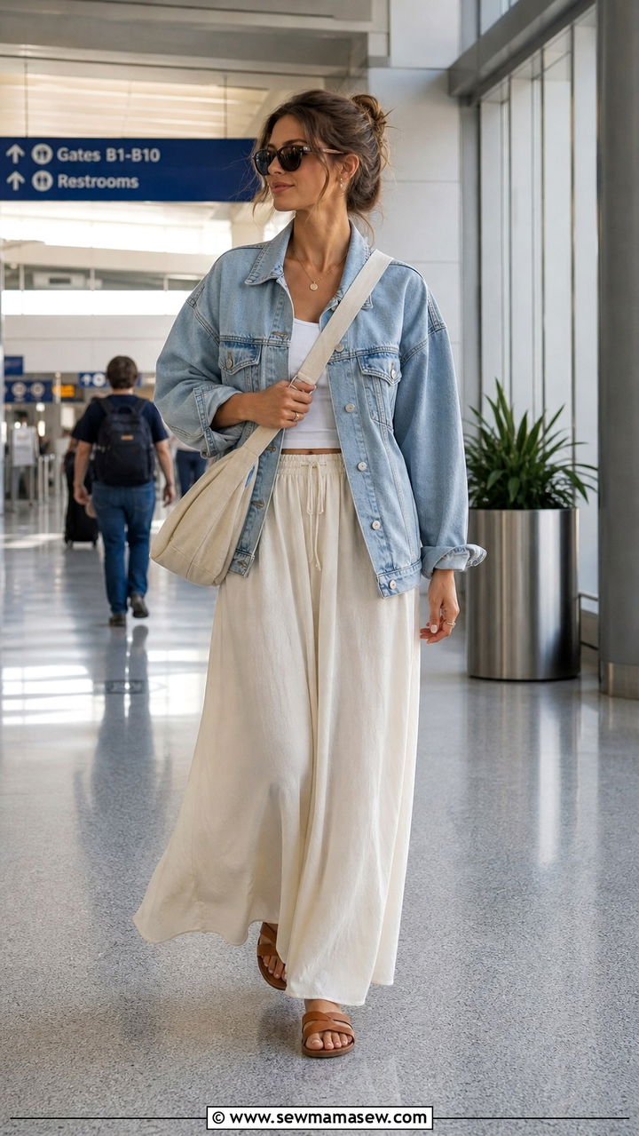 Denim Jacket and Maxi Skirt with Flat Sandals Airport Outfit - 40 Chic airport outfits