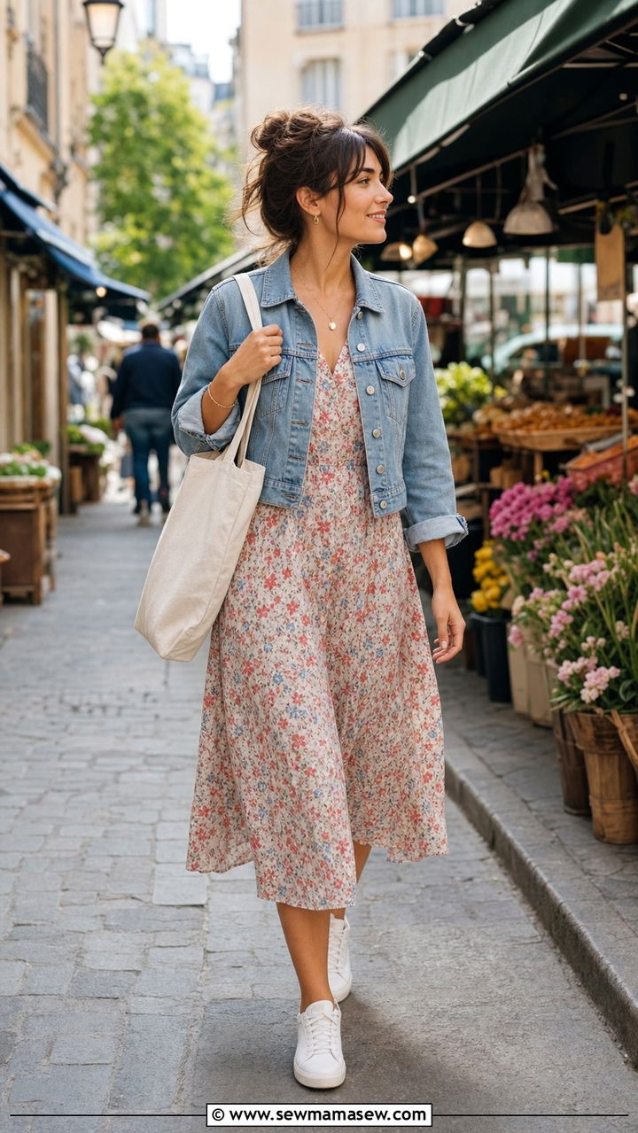 Denim Jacket and Midi Dress French Girl Outfit - 25 cute French girl outfits