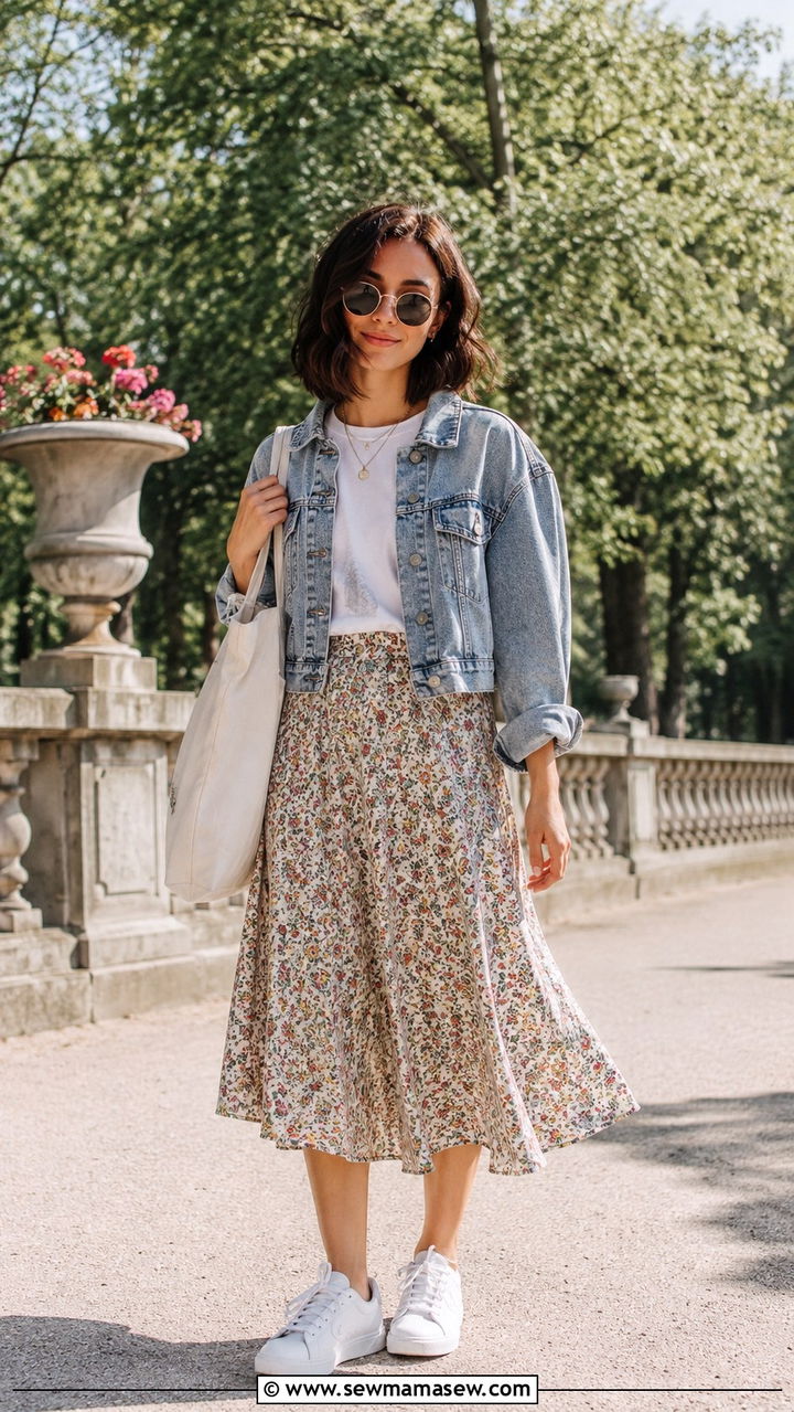 Denim Jacket and Midi Skirt with Sneakers - 30 Travel outfits for petite women