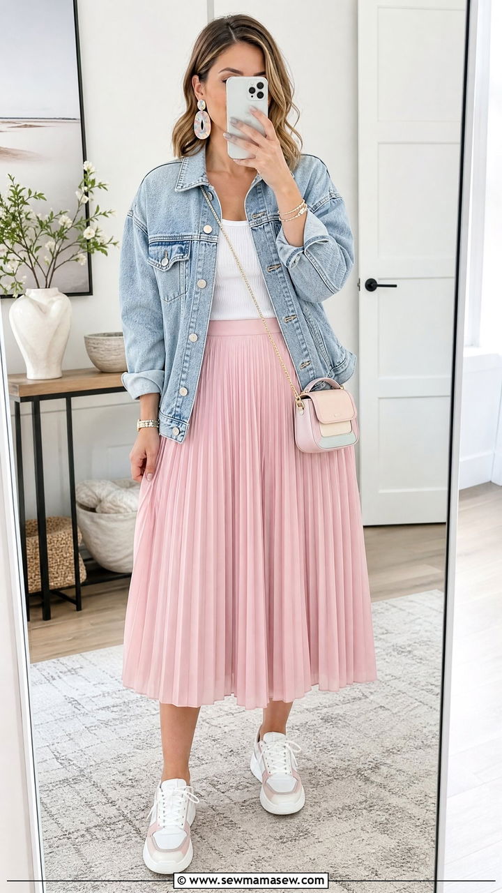 Denim Jacket and Pleated Midi Skirt - 20 Spring outfits with statement earrings