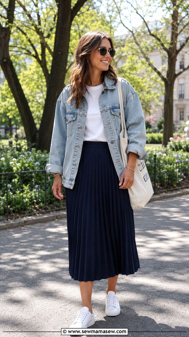 Denim Jacket and Pleated Skirt Outfit - 30 how to style pleated skirt