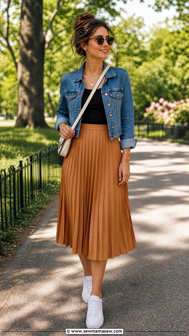 Denim Jacket and Pleated Skirt Outfit - 30 Summer outfits with pleated skirts
