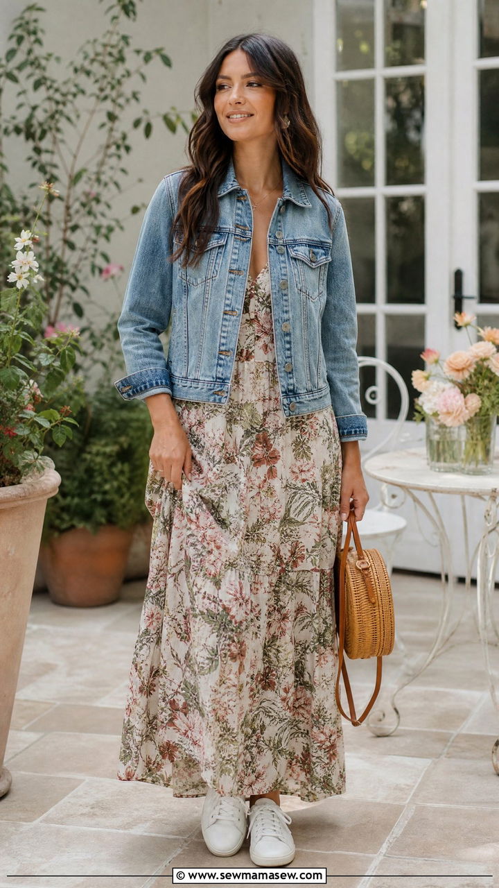 Denim Jacket and Printed Maxi Dress - 25 casual aesthetic outfits