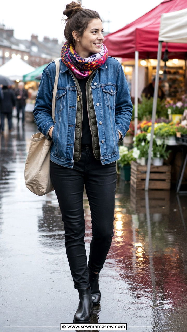 Denim Jacket and Quilted Liner With Waterproof Scarf - 25 rainy day outfits trends