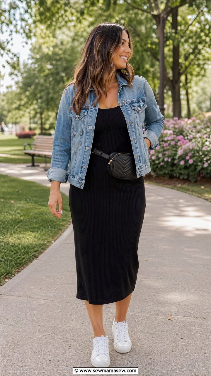 Denim Jacket and Ribbed Tank Dress Outfit - 35 Cool mom outfit ideas