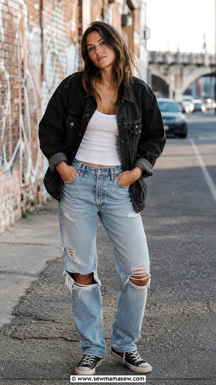 Denim Jacket and Ripped Jeans Double Denim Grunge Look - 30 grunge outfits inspo