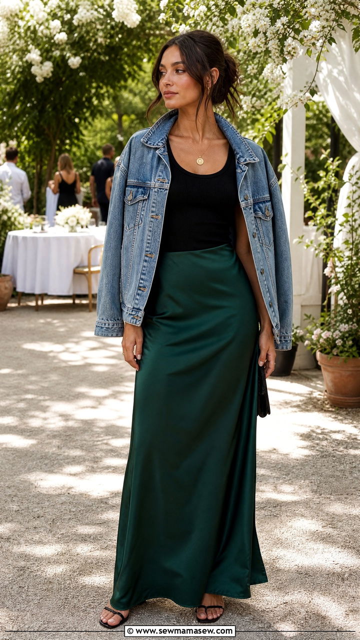 Denim Jacket and Silk Maxi Skirt - 25 classy edgy outfit ideas
