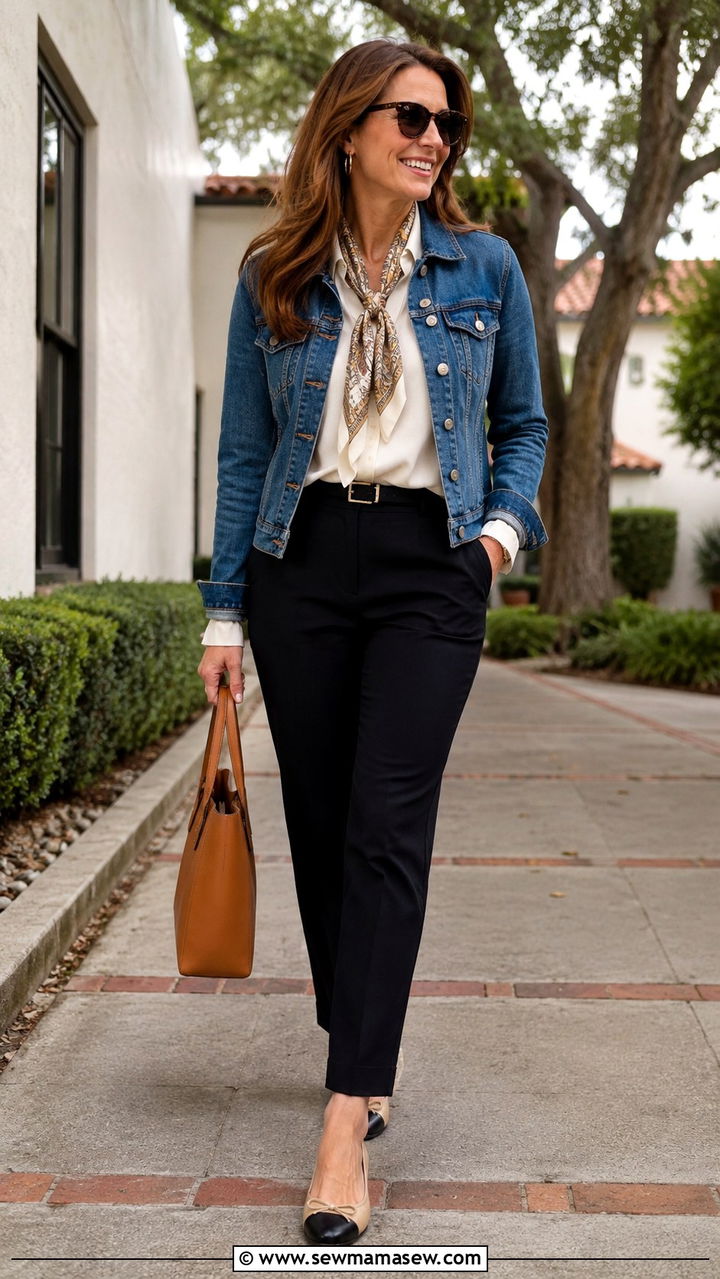 Denim Jacket and Silk Scarf Outfit - 25 Parisian outfit ideas in April