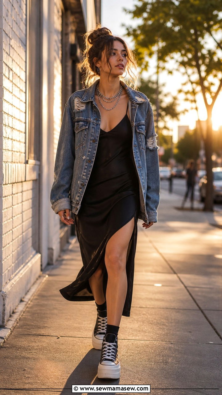Denim Jacket and Slip Dress Grunge Look - 40 grunge outfits for women