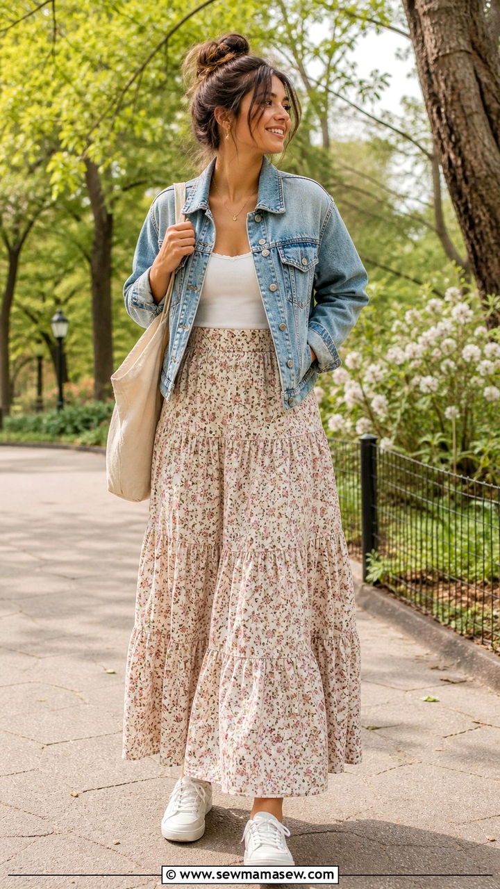 Denim Jacket and Tiered Maxi Skirt - 40 cute maxi skirt outfits
