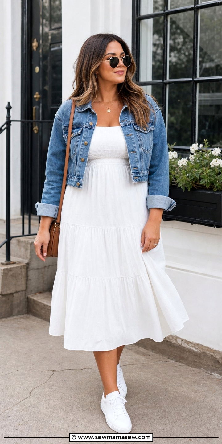 Denim Jacket and Tiered Midi Dress Outfit for Pear Shape - 25 Summer outfits for pear shape