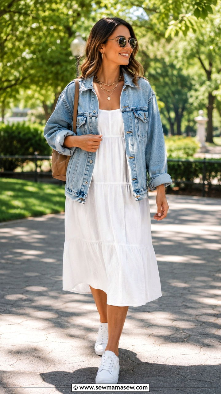 Denim Jacket and White Dress Gold Jewelry - 30 Gold jewelry outfit ideas