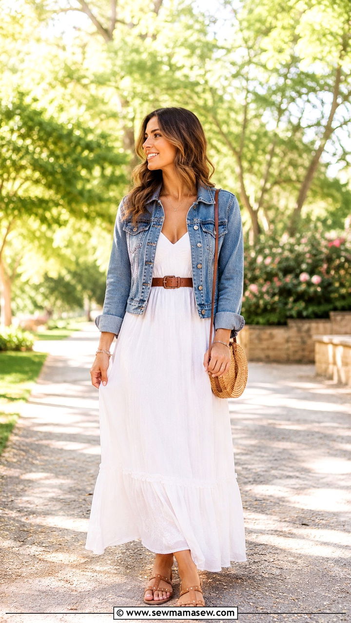 Denim Jacket and White Maxi Dress Outfit - 30 spring outfit ideas aesthetic