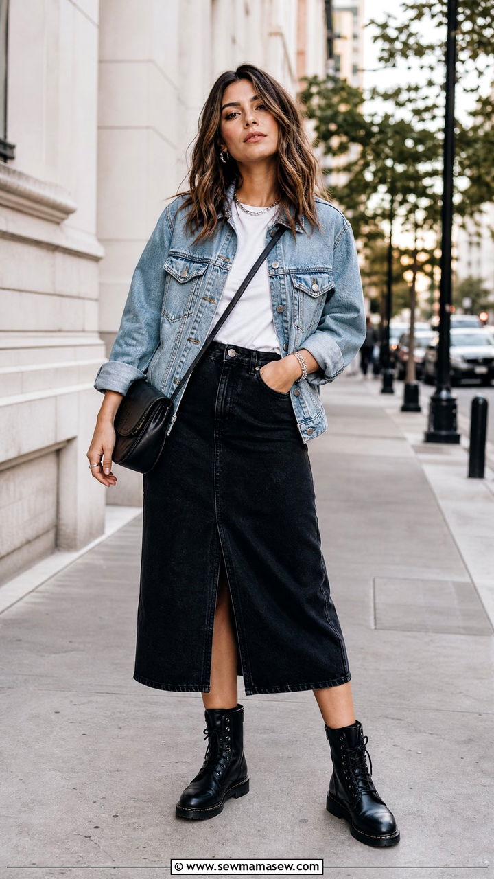 Denim Jacket and White Tee with Black Denim Skirt and Combat Boots - 30 summer denim skirt outfit ideas