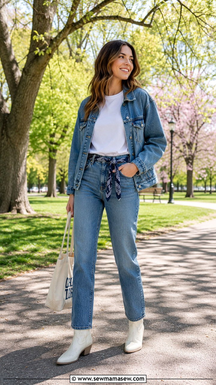 Denim Jacket and White Tee with Paisley Bandana as a Belt - 20 Western outfit ideas with paisley bandana