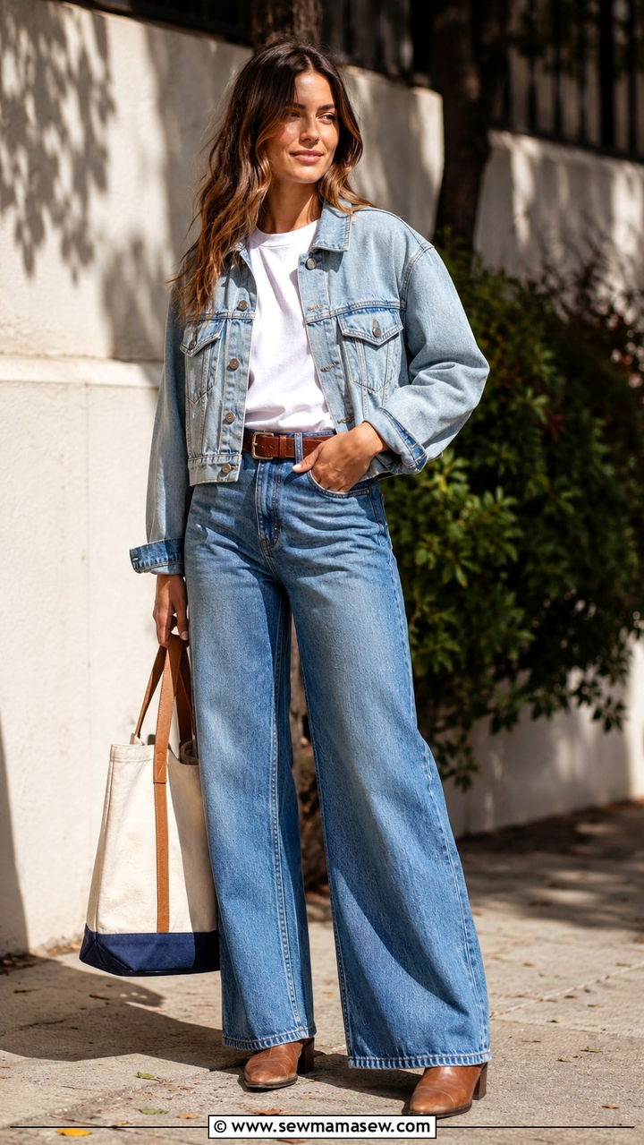 Denim Jacket and Wide Leg Jeans Outfit - 30 cute wide leg jeans outfits