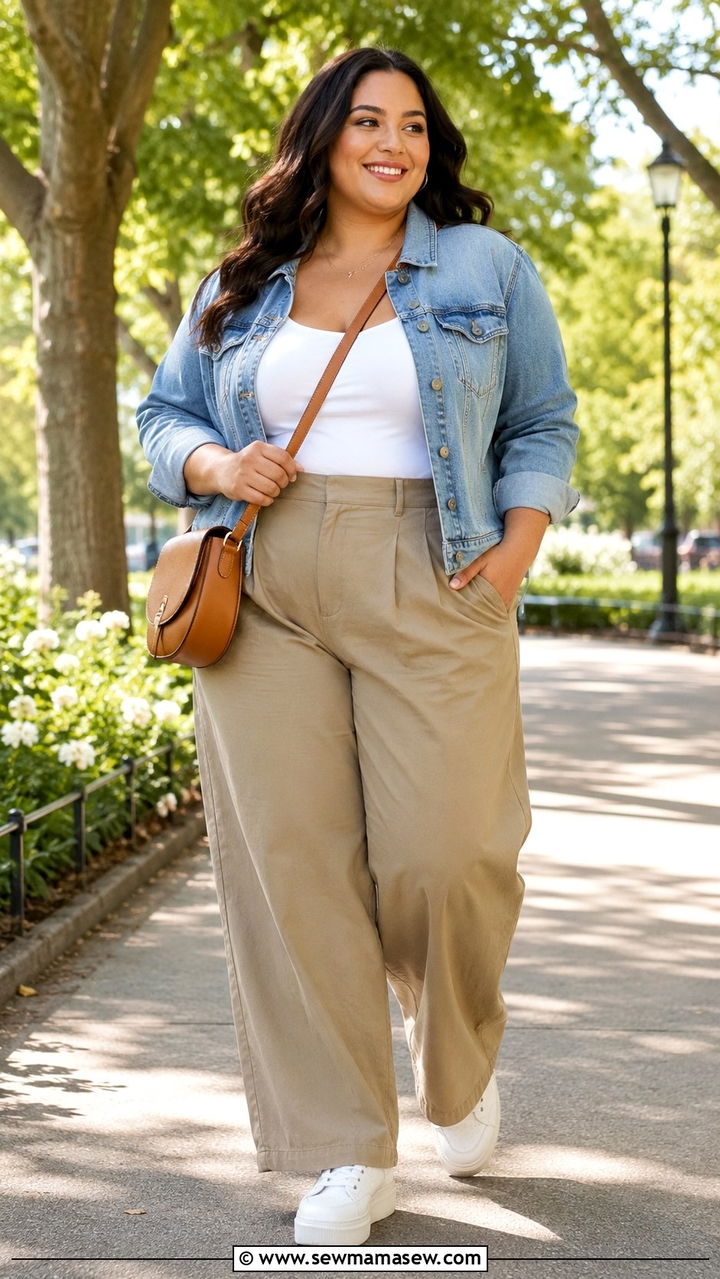 Denim Jacket and Wide Leg Pants Outfit - 30 Plus size outfit ideas with wide leg pants
