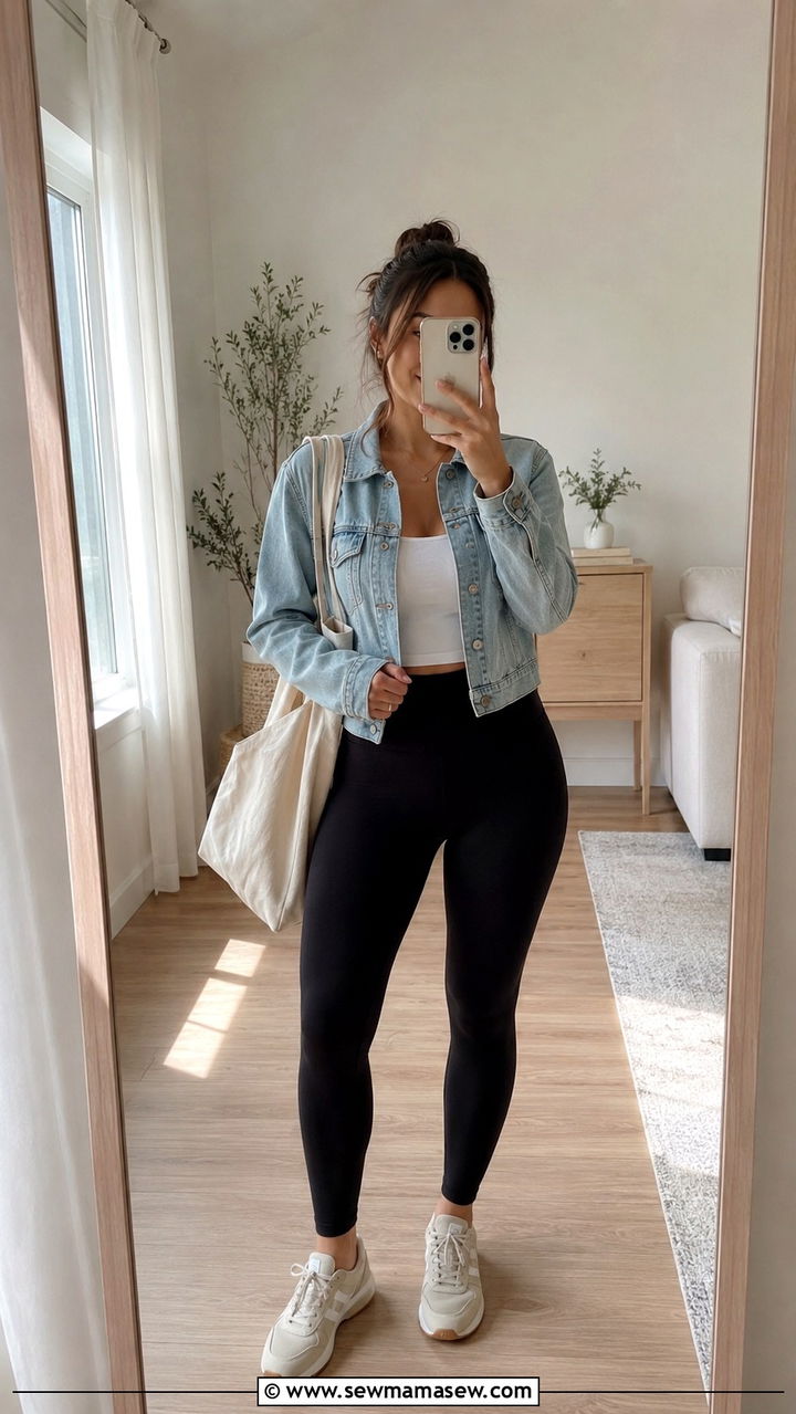 Denim Jacket and Yoga Pants Outfit - 25 Athleisure outfit ideas petite