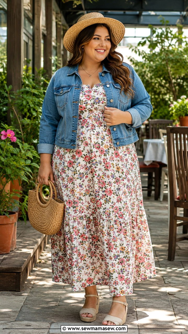 Denim Jacket over Floral Maxi Dress - 30 Plus size brunch outfits
