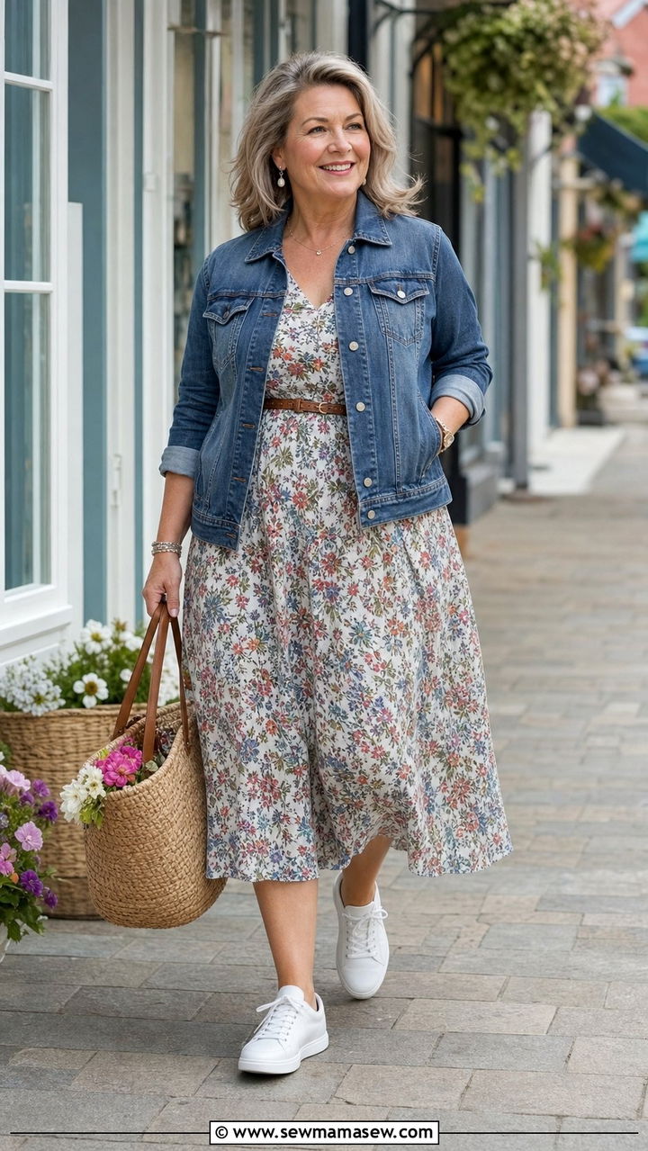 Denim Jacket over Floral Midi Dress - 25 Curvy outfits for women over 50
