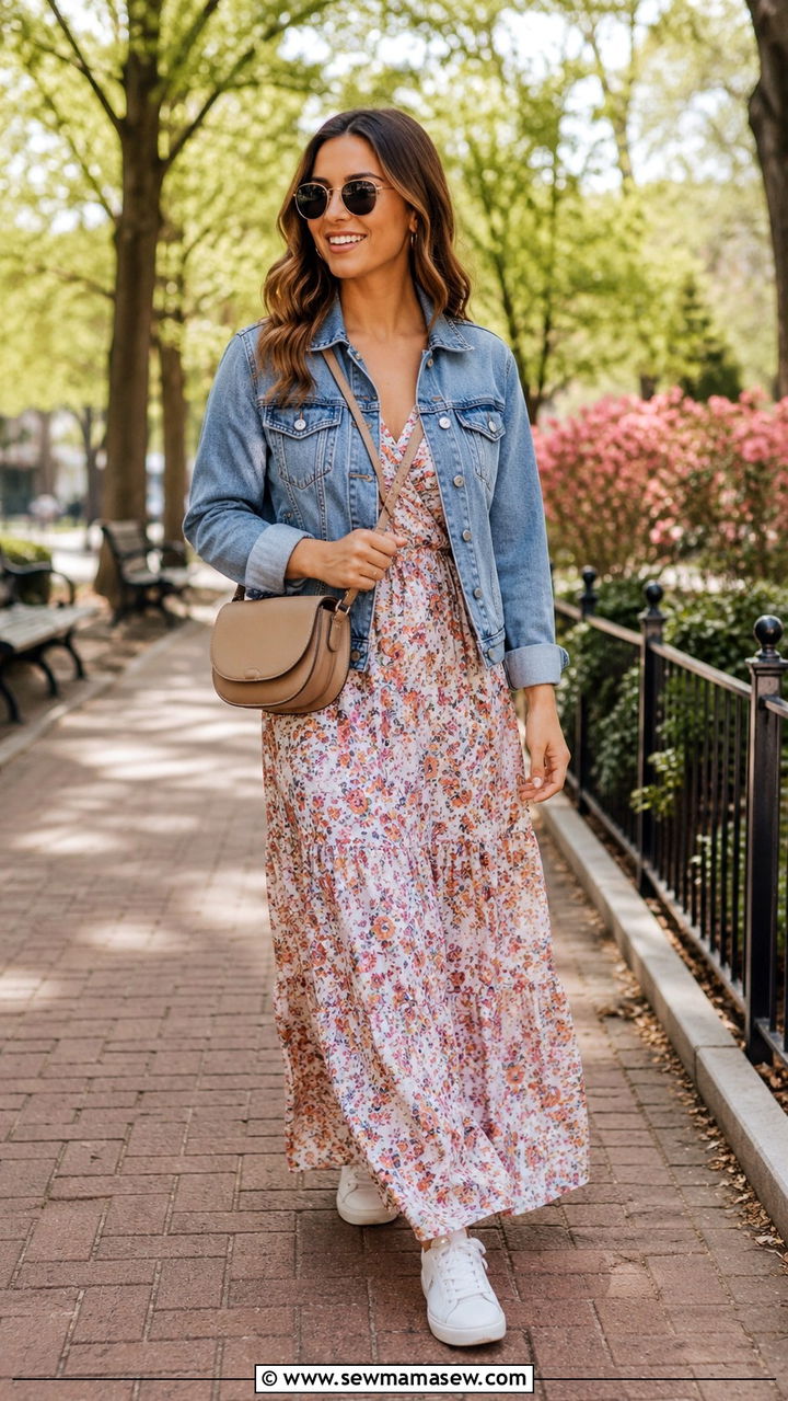Denim Jacket over Flowy Maxi Dress - 30 Graduation brunch outfit ideas