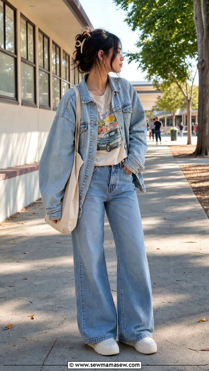 Denim Jacket over Graphic Tee with Wide Leg Jeans Outfit - 35 Back to school outfit ideas 10th grade